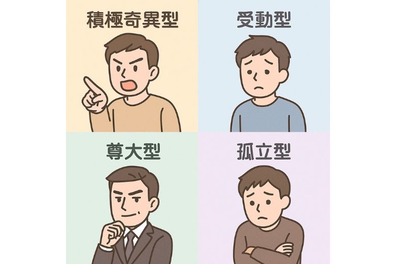 また、ASDの対人スタイルは「孤立型」「受動型」「積極奇異型」「尊大型」の4つに分けられることもあります。