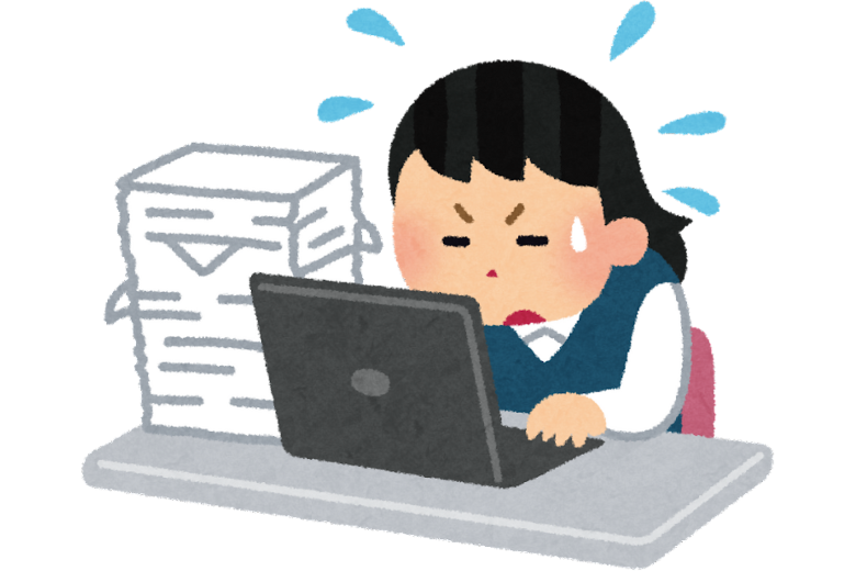 三つ目：机の上でジェンガみたいな書類の積み方をしている